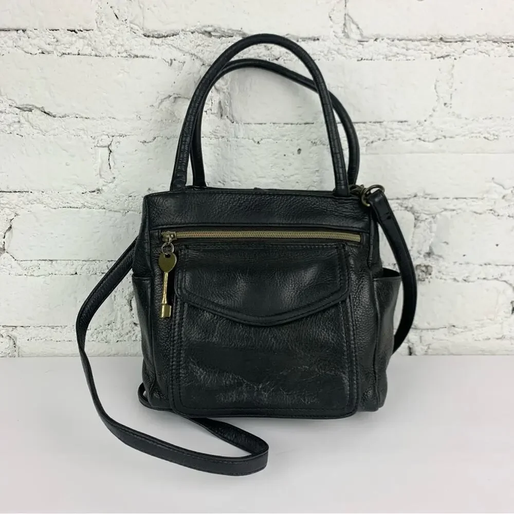 Fossil Black Pebbled Leather Mini Satchel Flap Handbag Crossbody Purse